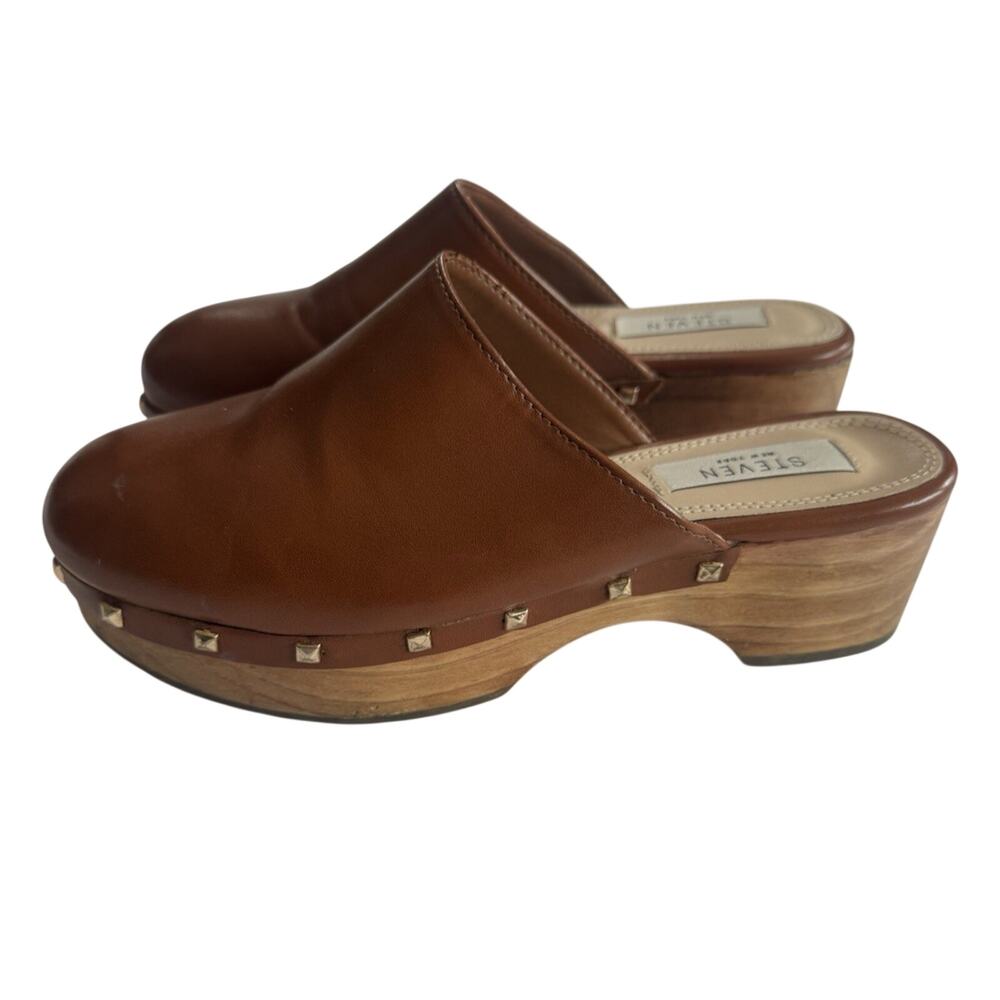 Steven New York Women's CLASH sz 6.5 Brown Studded Wooden Clogs Gold Stud Accent